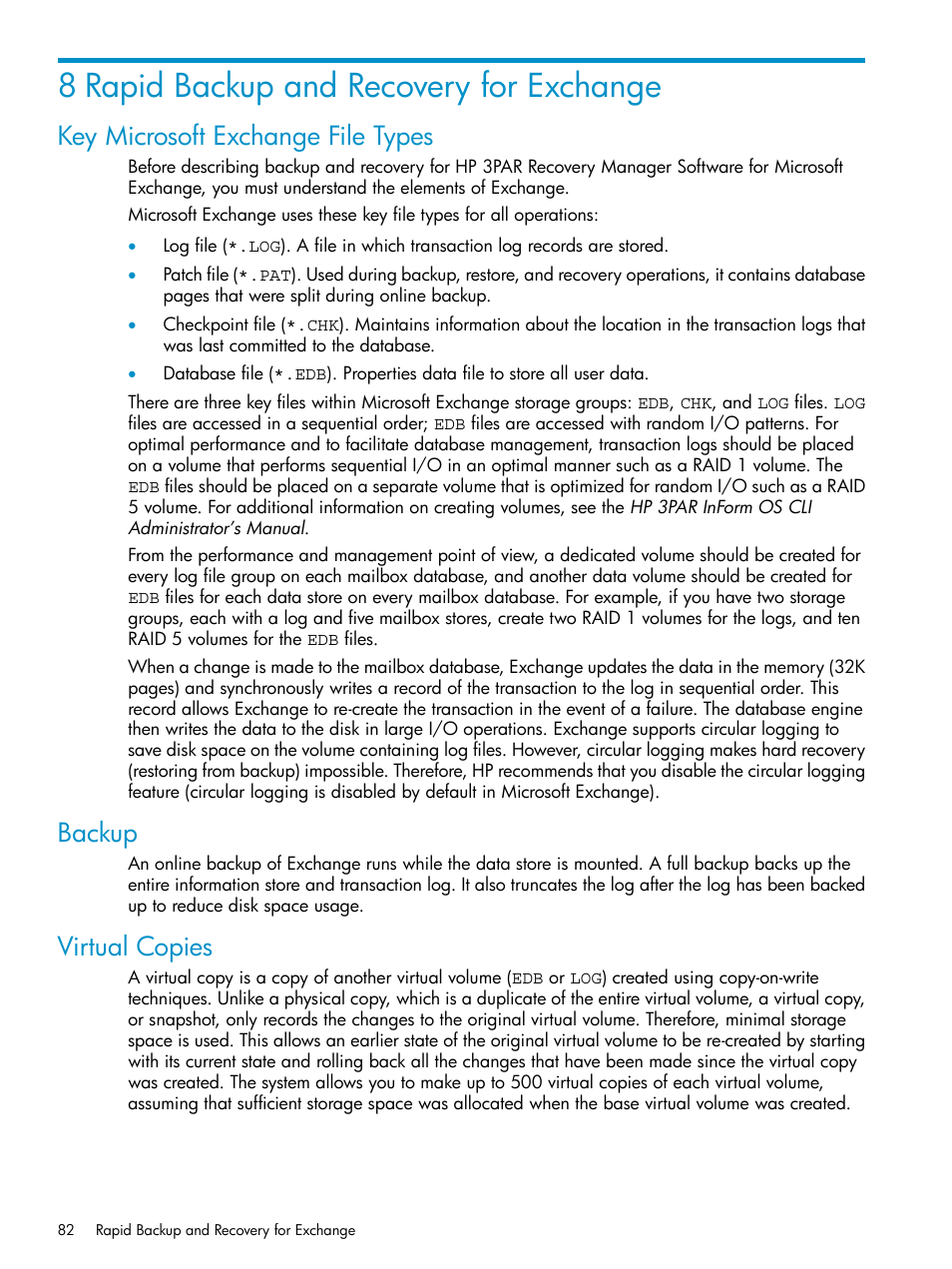 8 rapid backup and recovery for exchange, Key microsoft exchange file types, Backup | Virtual copies | HP 3PAR Recovery Manager Software for VMware vSphere Licenses User Manual | Page 82 / 119