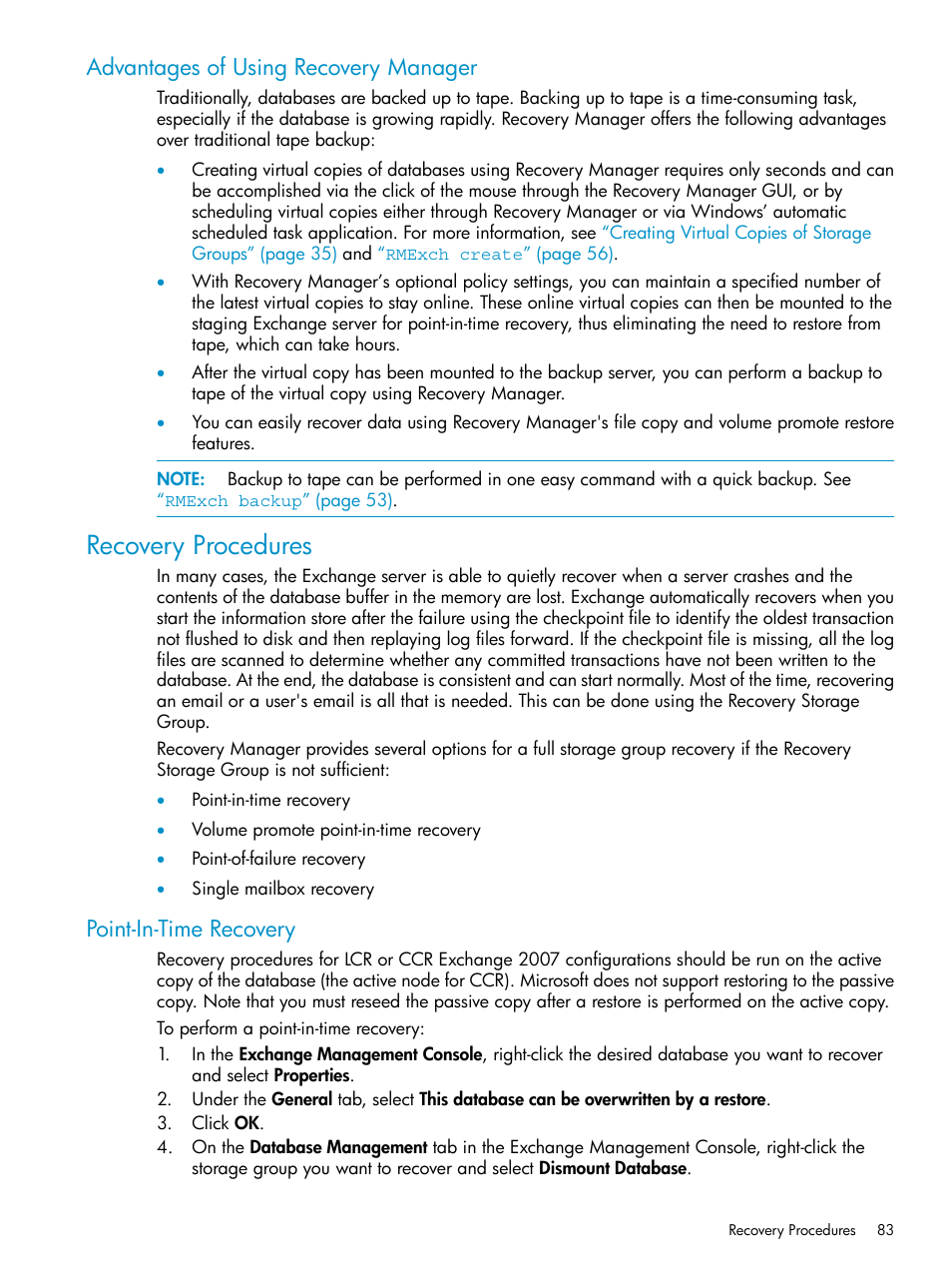 Advantages of using recovery manager, Recovery procedures, Point-in-time recovery | HP 3PAR Recovery Manager Software for VMware vSphere Licenses User Manual | Page 83 / 119