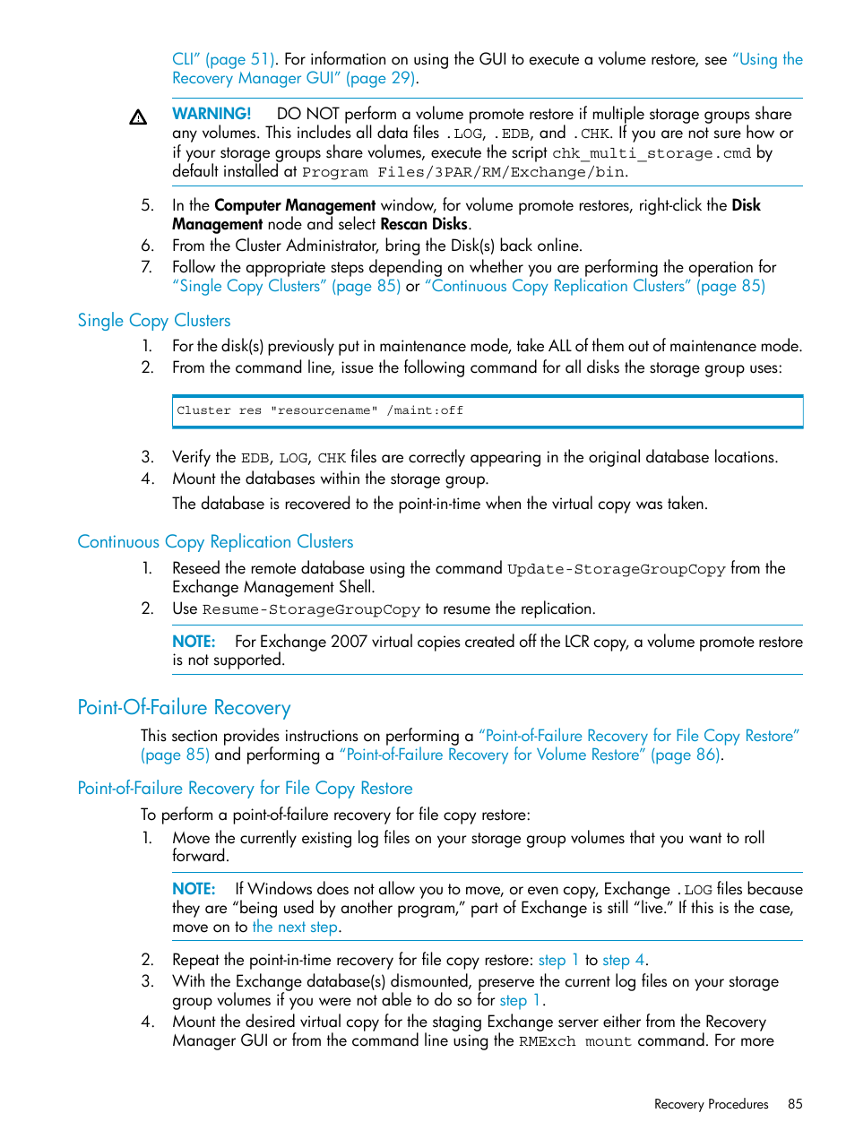 Single copy clusters, Continuous copy replication clusters, Point-of-failure recovery | Point-of-failure recovery for file copy restore | HP 3PAR Recovery Manager Software for VMware vSphere Licenses User Manual | Page 85 / 119