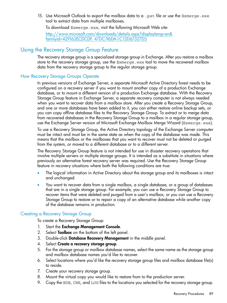 Using the recovery storage group feature, How recovery storage groups operate, Creating a recovery storage group | HP 3PAR Recovery Manager Software for VMware vSphere Licenses User Manual | Page 89 / 119