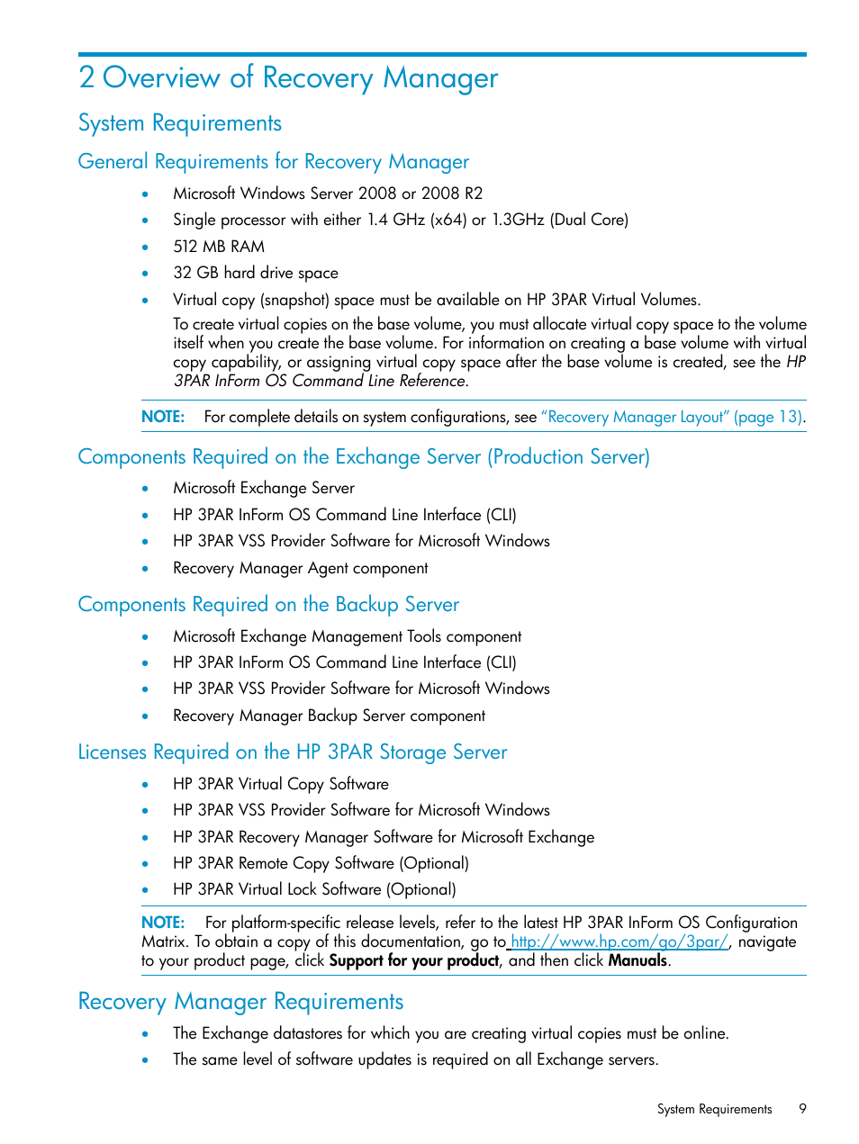 2 overview of recovery manager, System requirements, General requirements for recovery manager | Components required on the backup server, Licenses required on the hp 3par storage server, Recovery manager requirements | HP 3PAR Recovery Manager Software for VMware vSphere Licenses User Manual | Page 9 / 119