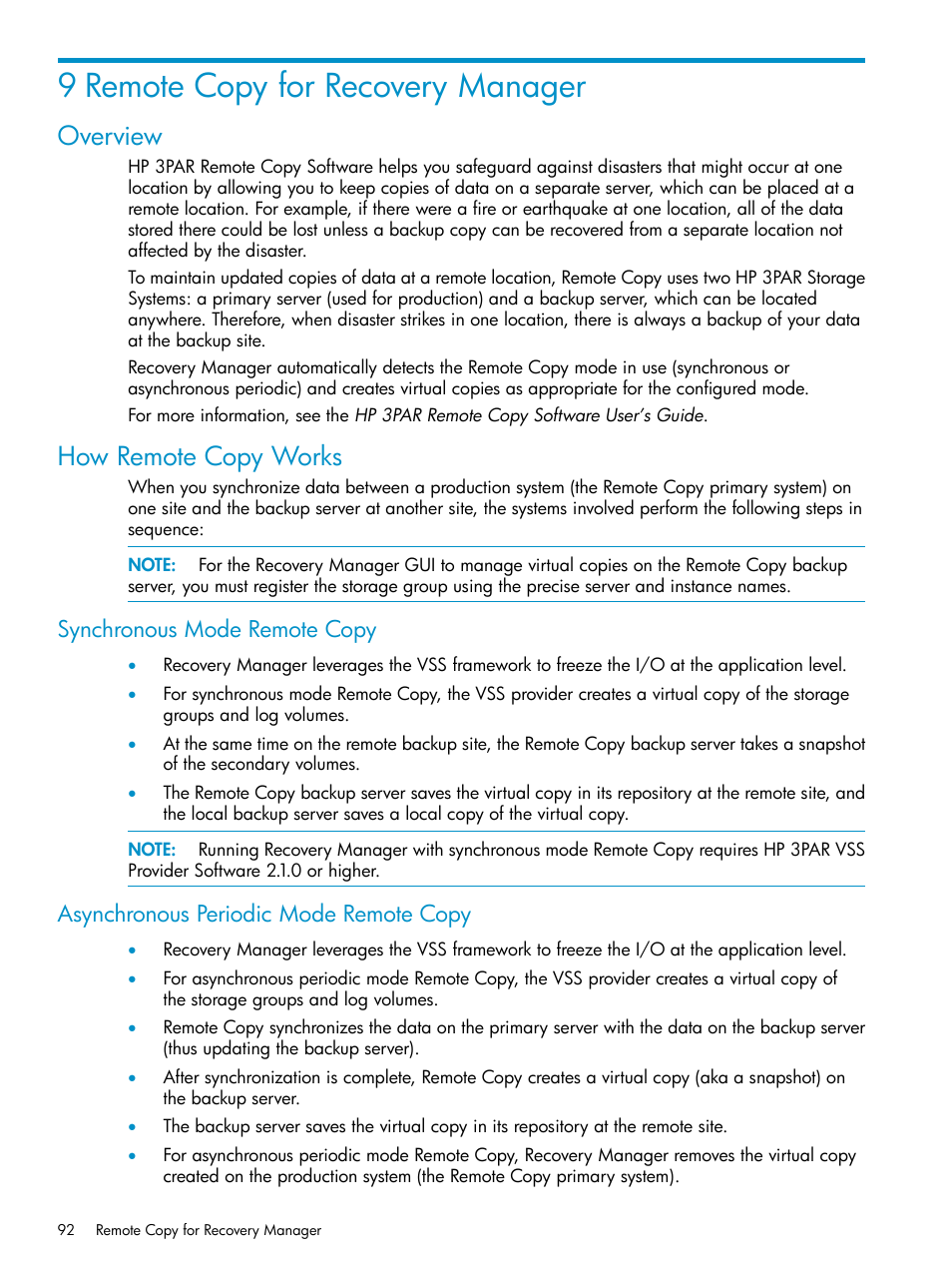 9 remote copy for recovery manager, Overview, How remote copy works | Synchronous mode remote copy, Asynchronous periodic mode remote copy, Overview how remote copy works | HP 3PAR Recovery Manager Software for VMware vSphere Licenses User Manual | Page 92 / 119