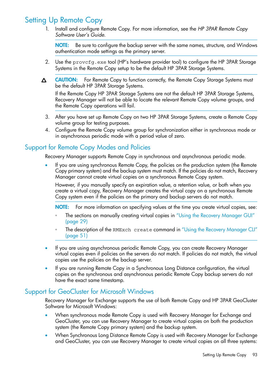 Setting up remote copy, Support for remote copy modes and policies, Support for geocluster for microsoft windows | HP 3PAR Recovery Manager Software for VMware vSphere Licenses User Manual | Page 93 / 119