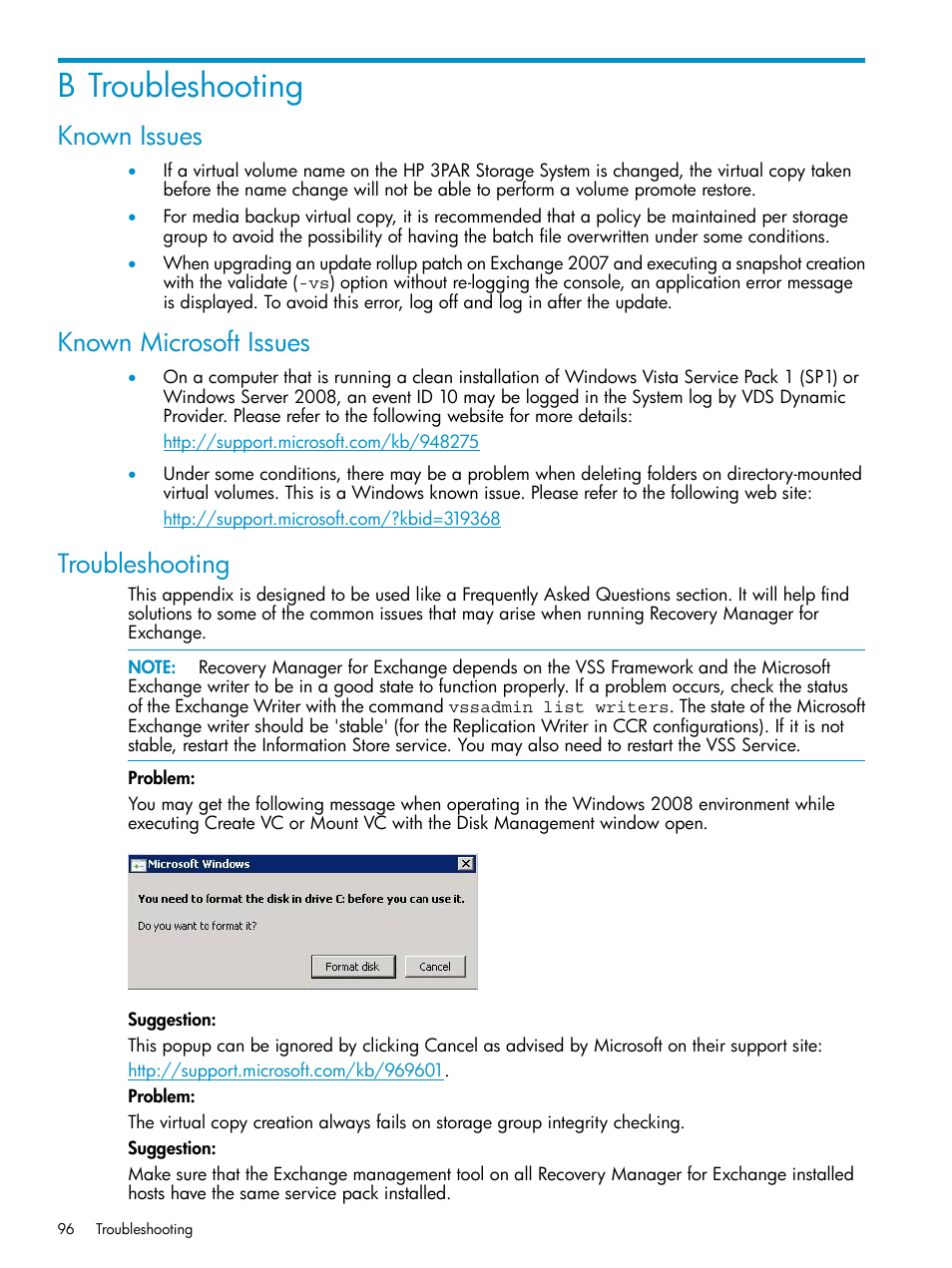 B troubleshooting, Known issues, Known microsoft issues | Troubleshooting | HP 3PAR Recovery Manager Software for VMware vSphere Licenses User Manual | Page 96 / 119