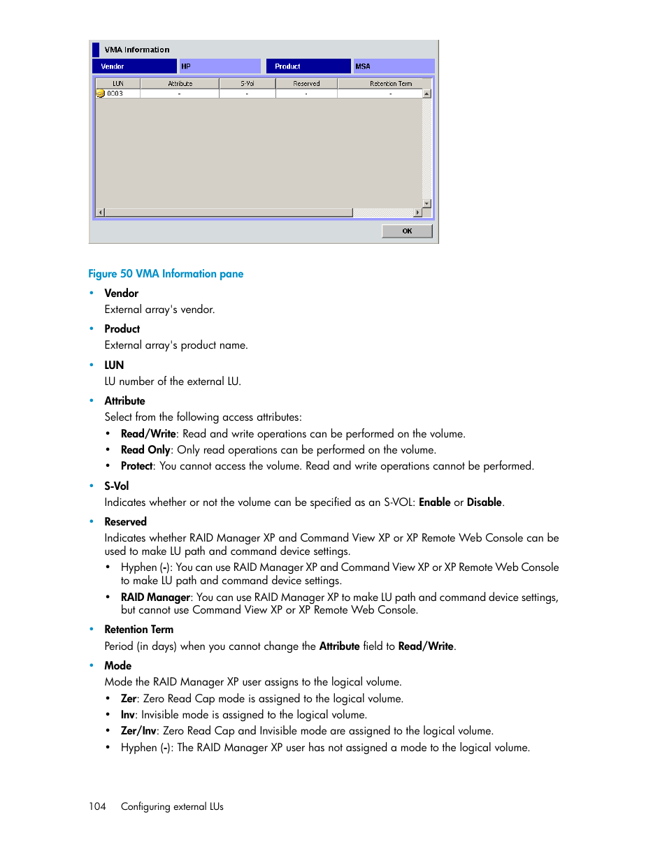 Vma information pane | HP XP External Storage Software User Manual | Page 104 / 200