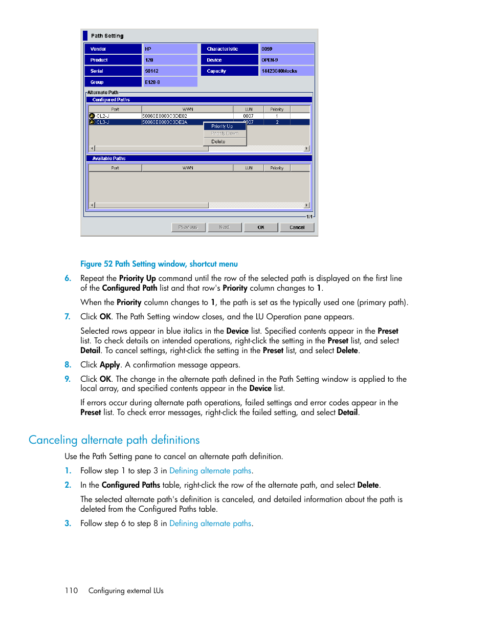 Canceling alternate path definitions, Path setting window, shortcut menu, Figure 52 | HP XP External Storage Software User Manual | Page 110 / 200