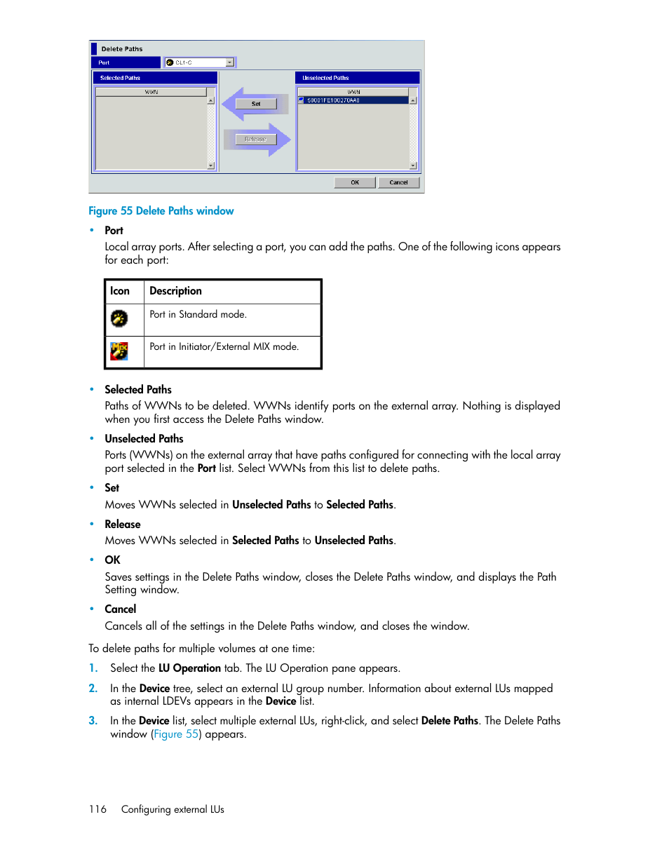 Delete paths window | HP XP External Storage Software User Manual | Page 116 / 200