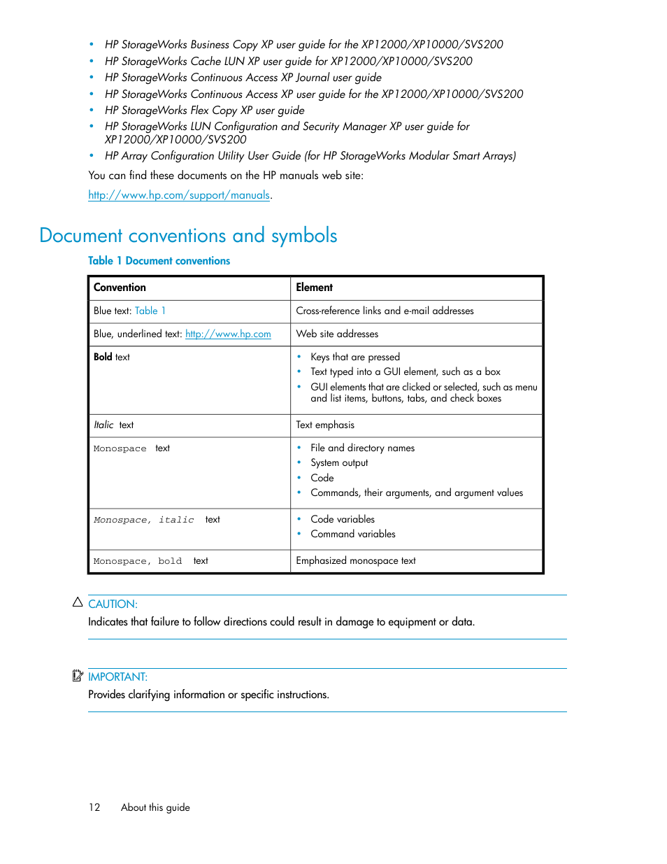 Document conventions and symbols, Document conventions | HP XP External Storage Software User Manual | Page 12 / 200