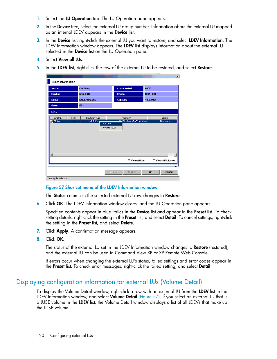 Shortcut menu of the ldev information window | HP XP External Storage Software User Manual | Page 120 / 200