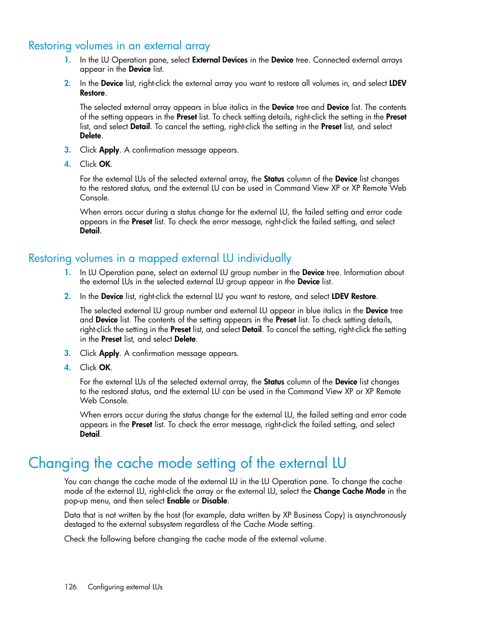 Restoring volumes in an external array, Changing the cache mode setting of the external lu | HP XP External Storage Software User Manual | Page 126 / 200