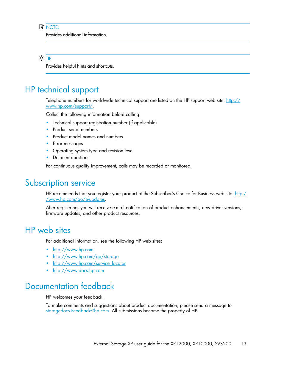 Hp technical support, Subscription service, Hp web sites | Documentation feedback, 13 subscription service, 13 hp web sites, 13 documentation feedback | HP XP External Storage Software User Manual | Page 13 / 200