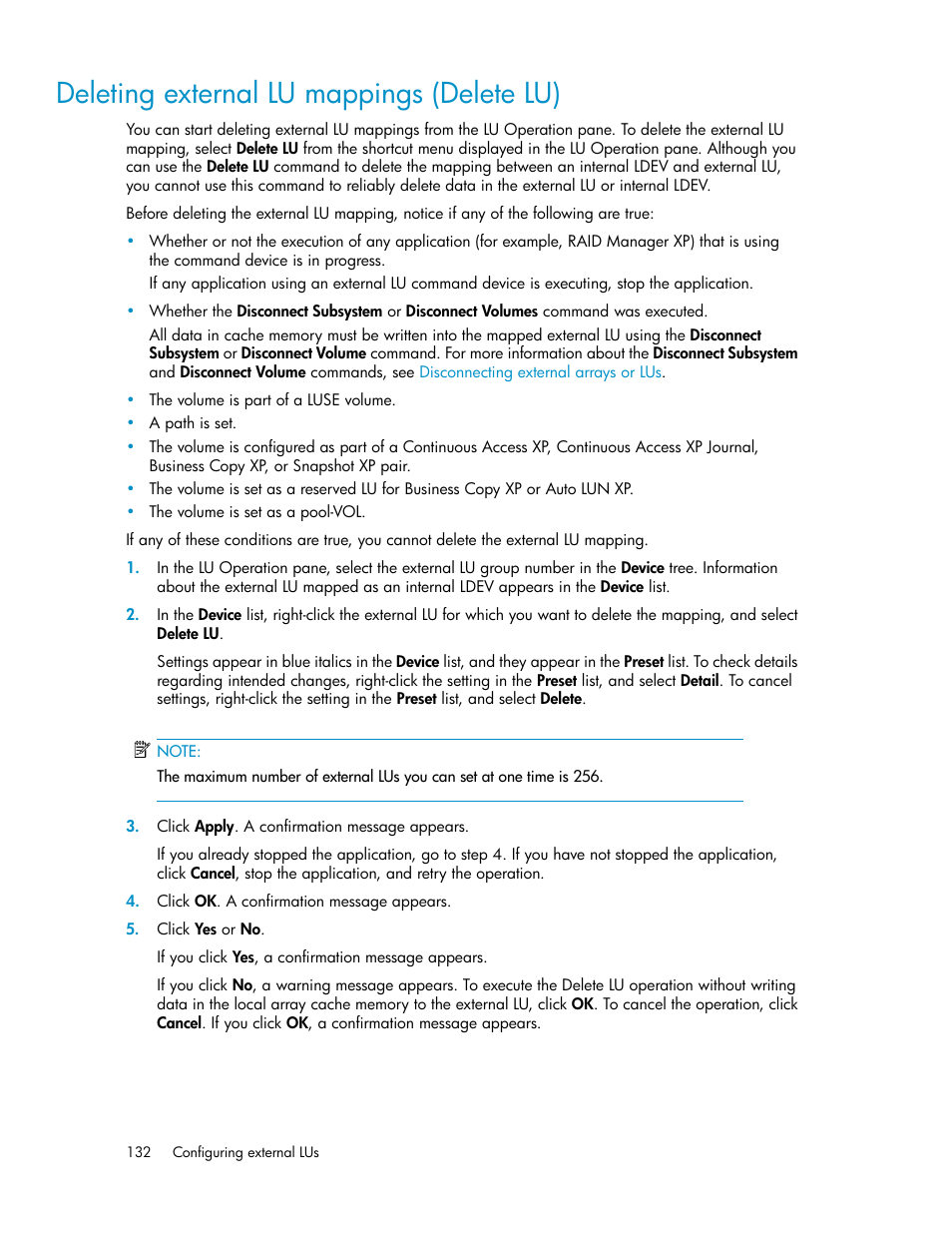 Deleting external lu mappings (delete lu) | HP XP External Storage Software User Manual | Page 132 / 200