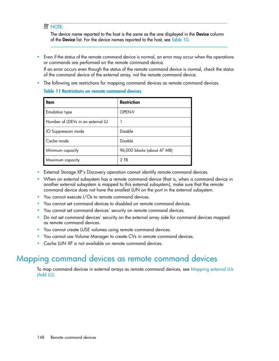 Mapping command devices as remote command devices, Restrictions on remote command devices | HP XP External Storage Software User Manual | Page 148 / 200