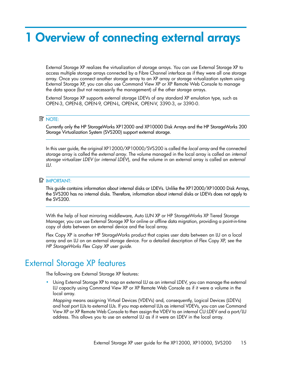 1 overview of connecting external arrays, External storage xp features | HP XP External Storage Software User Manual | Page 15 / 200