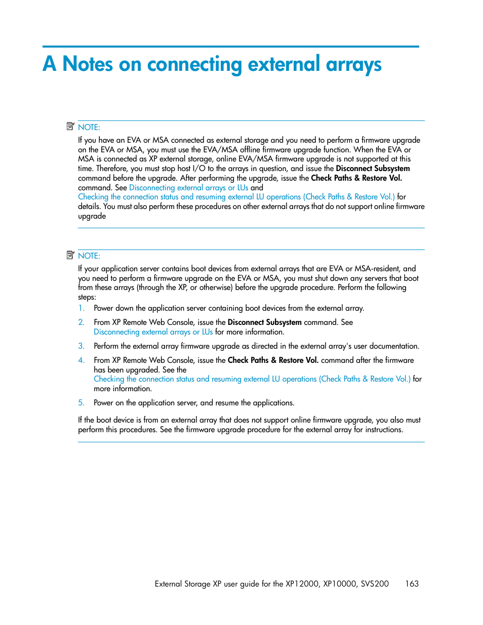 A notes on connecting external arrays, Notes on connecting external arrays, Notes on connecting | External arrays | HP XP External Storage Software User Manual | Page 163 / 200