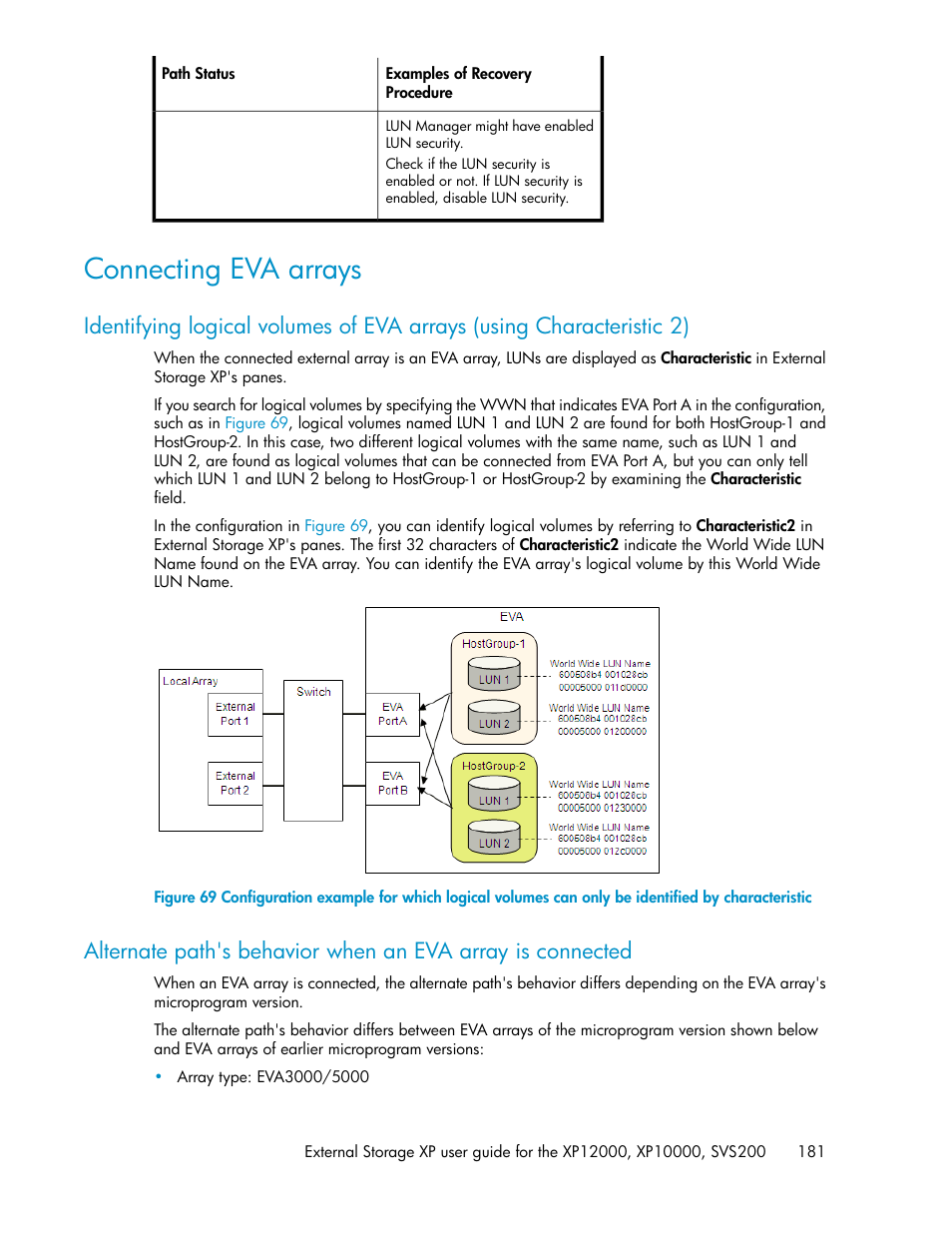 Connecting eva arrays, Identifying logical, Volumes of eva arrays (using characteristic 2) | Identifying logical volumes of eva arrays, Using characteristic 2) | HP XP External Storage Software User Manual | Page 181 / 200