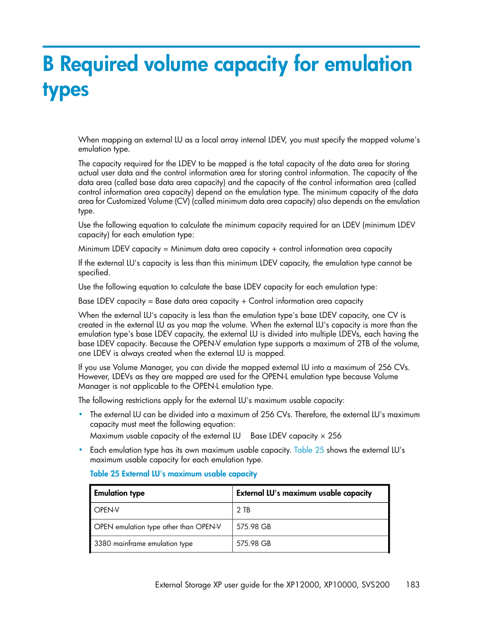 B required volume capacity for emulation types, External lu's maximum usable capacity, Required volume capacity for emulation types | HP XP External Storage Software User Manual | Page 183 / 200