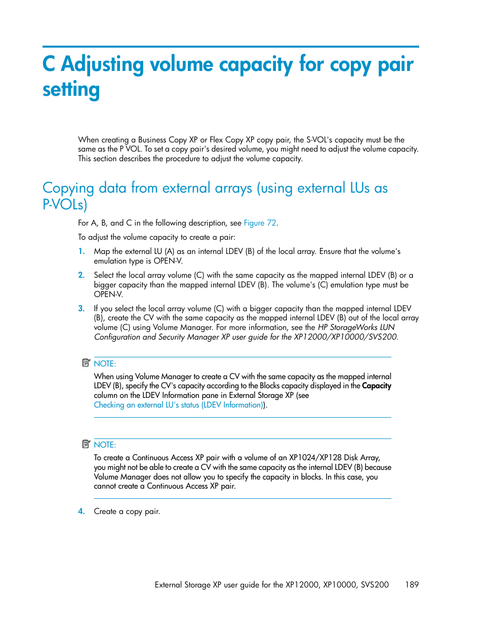 C adjusting volume capacity for copy pair setting | HP XP External Storage Software User Manual | Page 189 / 200