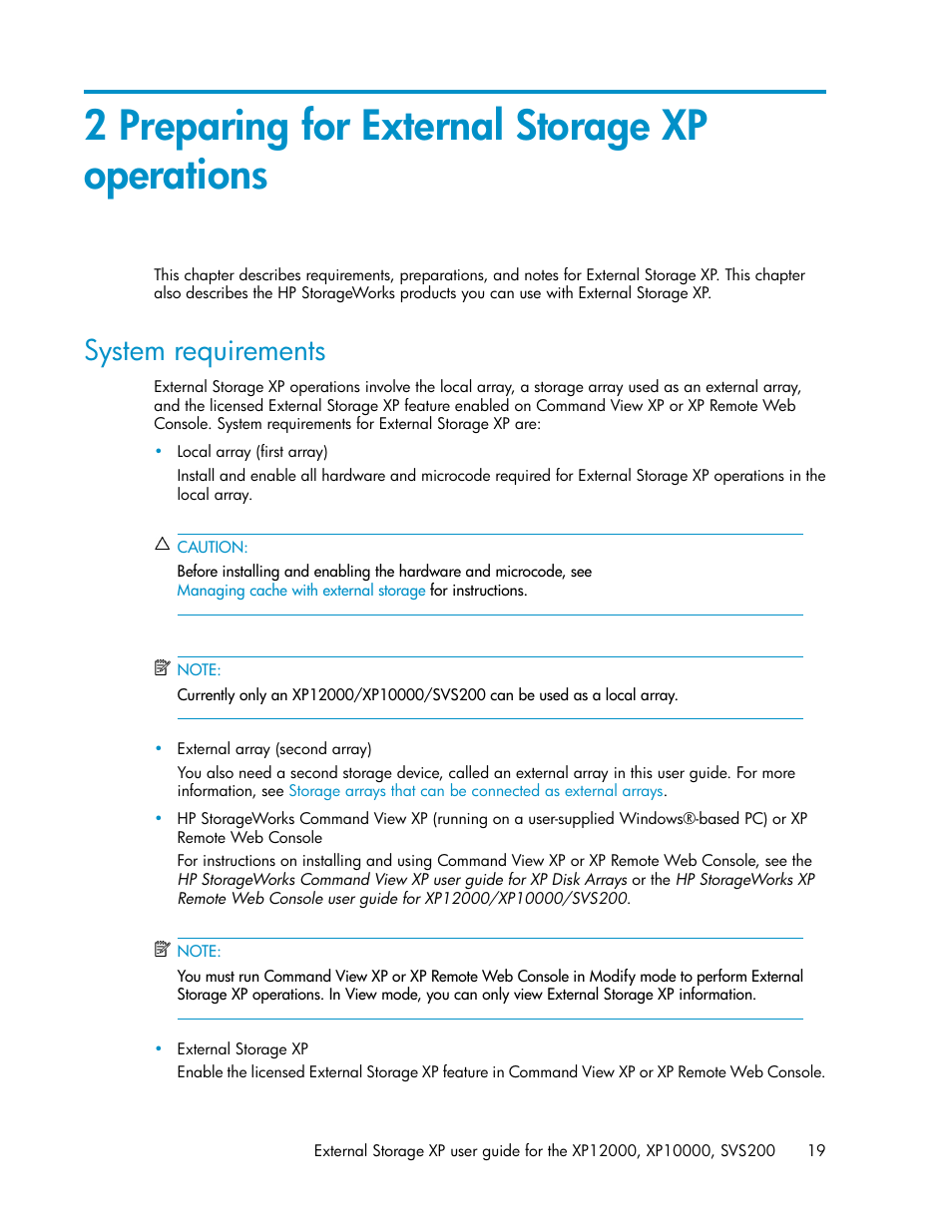 2 preparing for external storage xp operations, System requirements | HP XP External Storage Software User Manual | Page 19 / 200