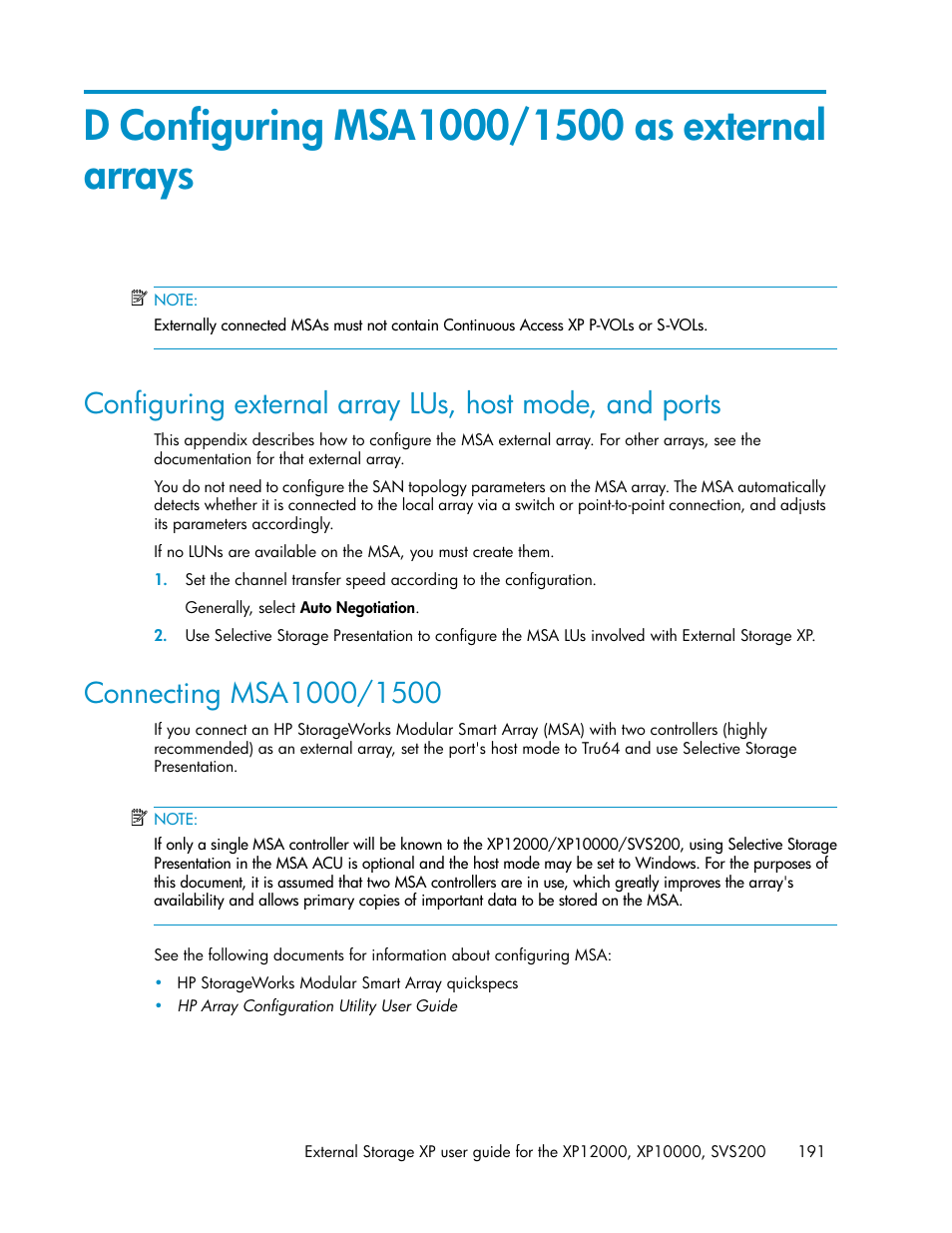 D configuring msa1000/1500 as external arrays, Connecting msa1000/1500, 191 connecting msa1000/1500 | HP XP External Storage Software User Manual | Page 191 / 200