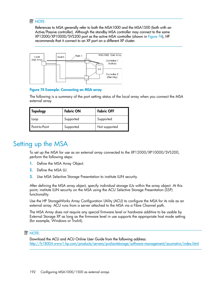 Setting up the msa, Example: connecting an msa array | HP XP External Storage Software User Manual | Page 192 / 200