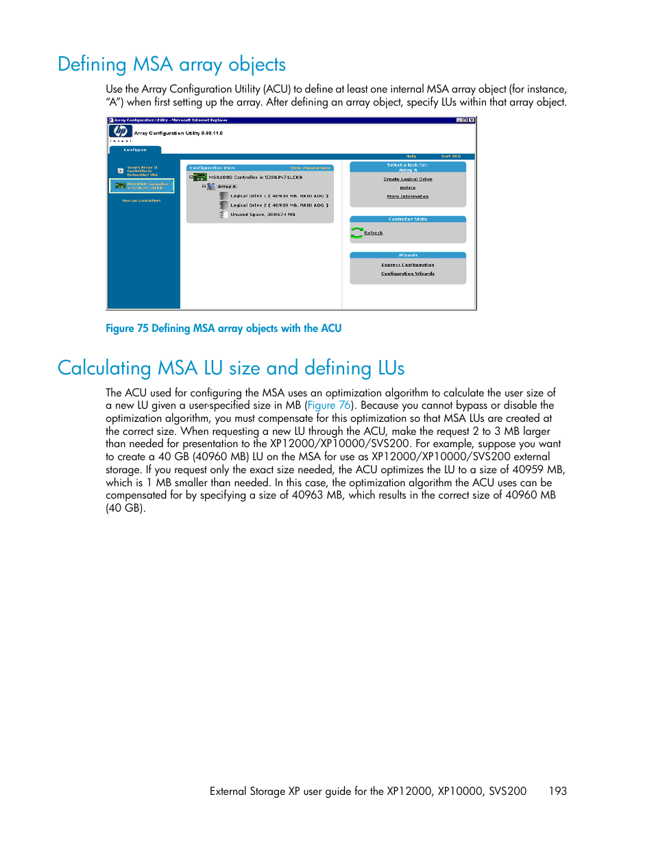 Defining msa array objects, Calculating msa lu size and defining lus, 193 calculating msa lu size and defining lus | Defining msa array objects with the acu | HP XP External Storage Software User Manual | Page 193 / 200