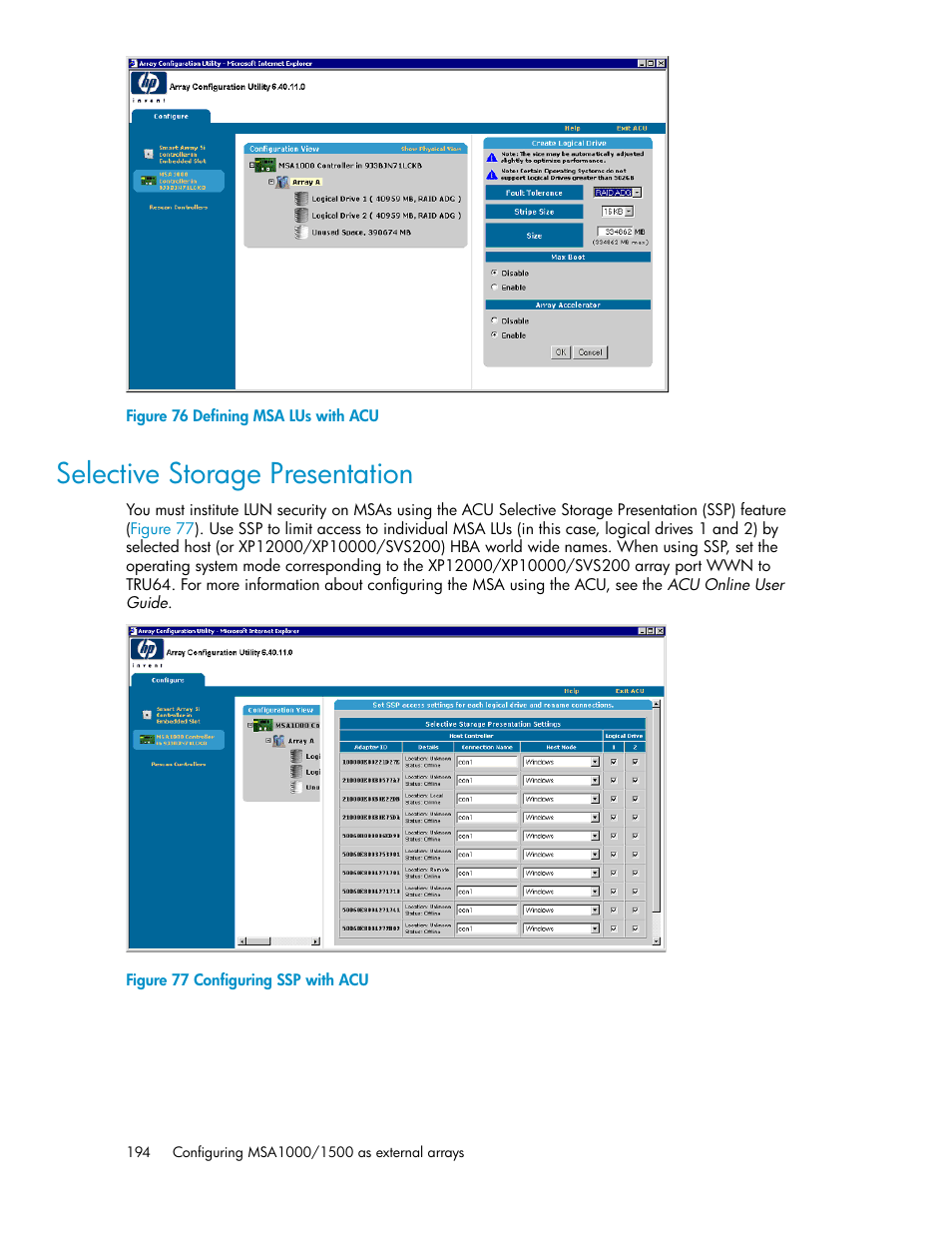 Selective storage presentation, Defining msa lus with acu, Configuring ssp with acu | HP XP External Storage Software User Manual | Page 194 / 200