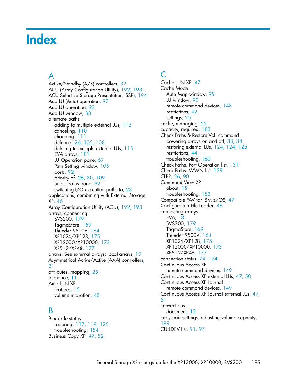 Index | HP XP External Storage Software User Manual | Page 195 / 200