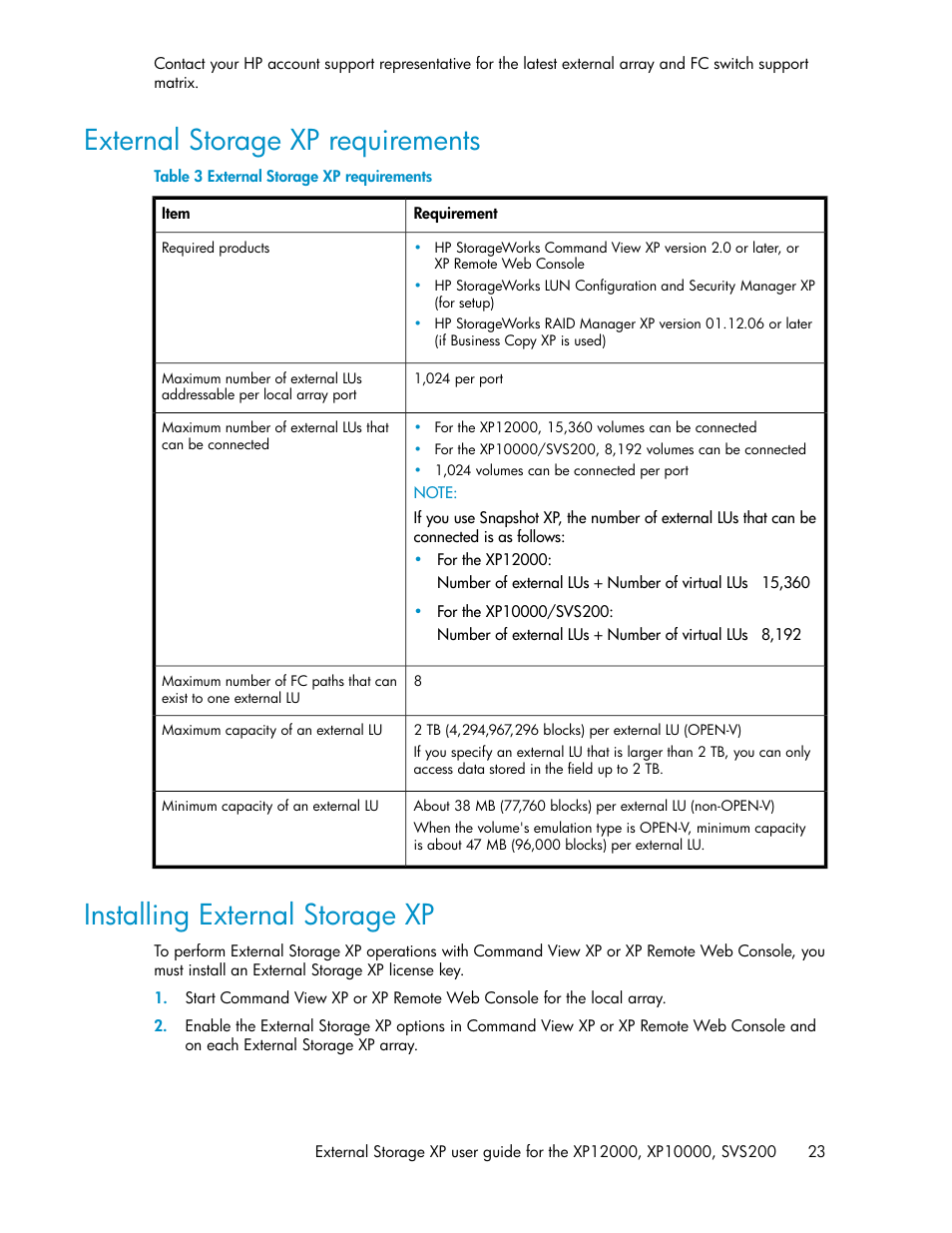 External storage xp requirements, Installing external storage xp, 23 installing external storage xp | HP XP External Storage Software User Manual | Page 23 / 200