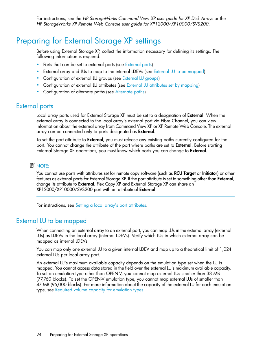 Preparing for external storage xp settings, External ports, External lu to be mapped | 24 external lu to be mapped | HP XP External Storage Software User Manual | Page 24 / 200