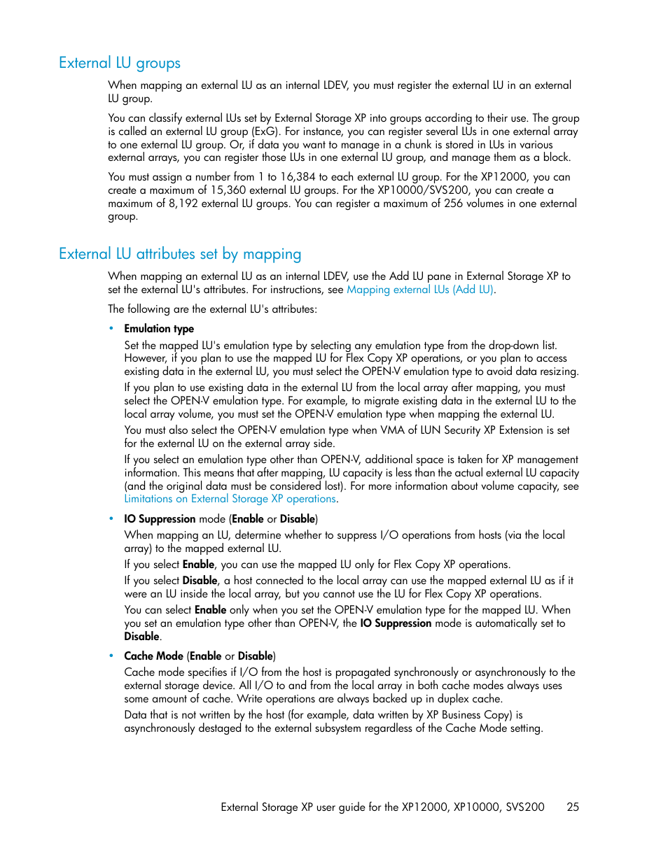 External lu groups, External lu attributes set by mapping, 25 external lu attributes set by mapping | HP XP External Storage Software User Manual | Page 25 / 200