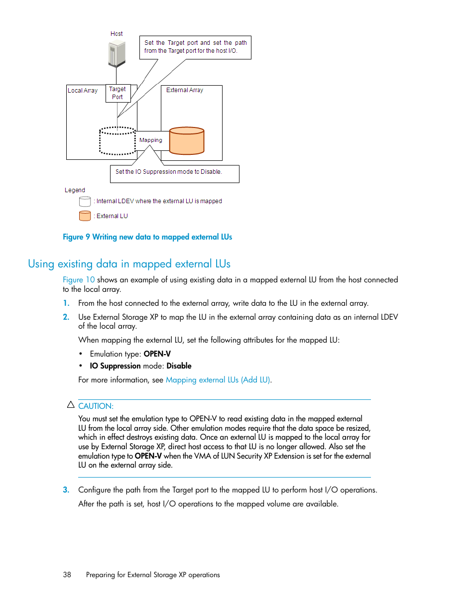 Using existing data in mapped external lus, Writing new data to mapped external lus | HP XP External Storage Software User Manual | Page 38 / 200