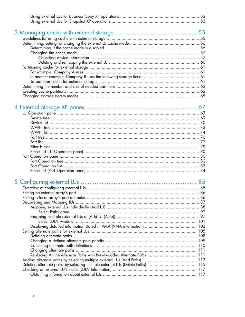 3 managing cache with external storage, 4 external storage xp panes, 5 configuring external lus | HP XP External Storage Software User Manual | Page 4 / 200