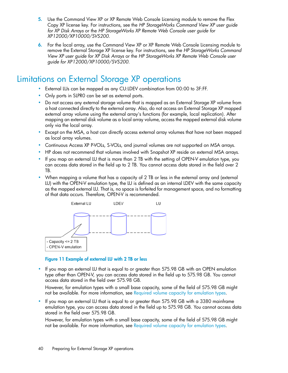 Limitations on external storage xp operations, Example of external lu with 2 tb or less | HP XP External Storage Software User Manual | Page 40 / 200