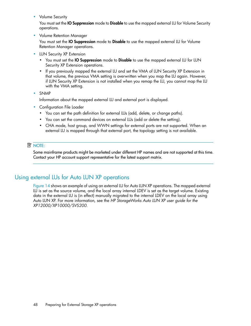 Using external lus for auto lun xp operations | HP XP External Storage Software User Manual | Page 48 / 200