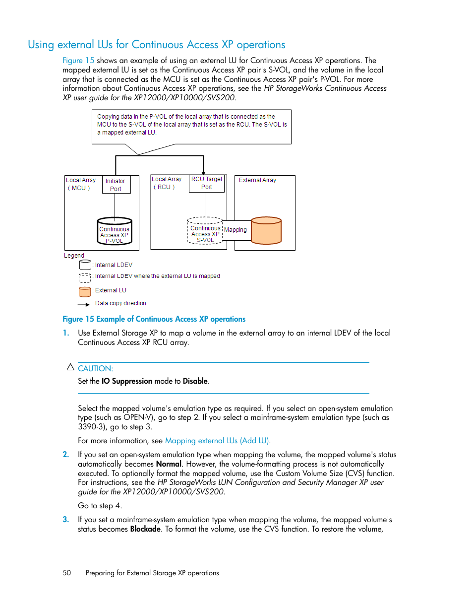 Example of continuous access xp operations, Using external lus, For continuous access xp operations | HP XP External Storage Software User Manual | Page 50 / 200