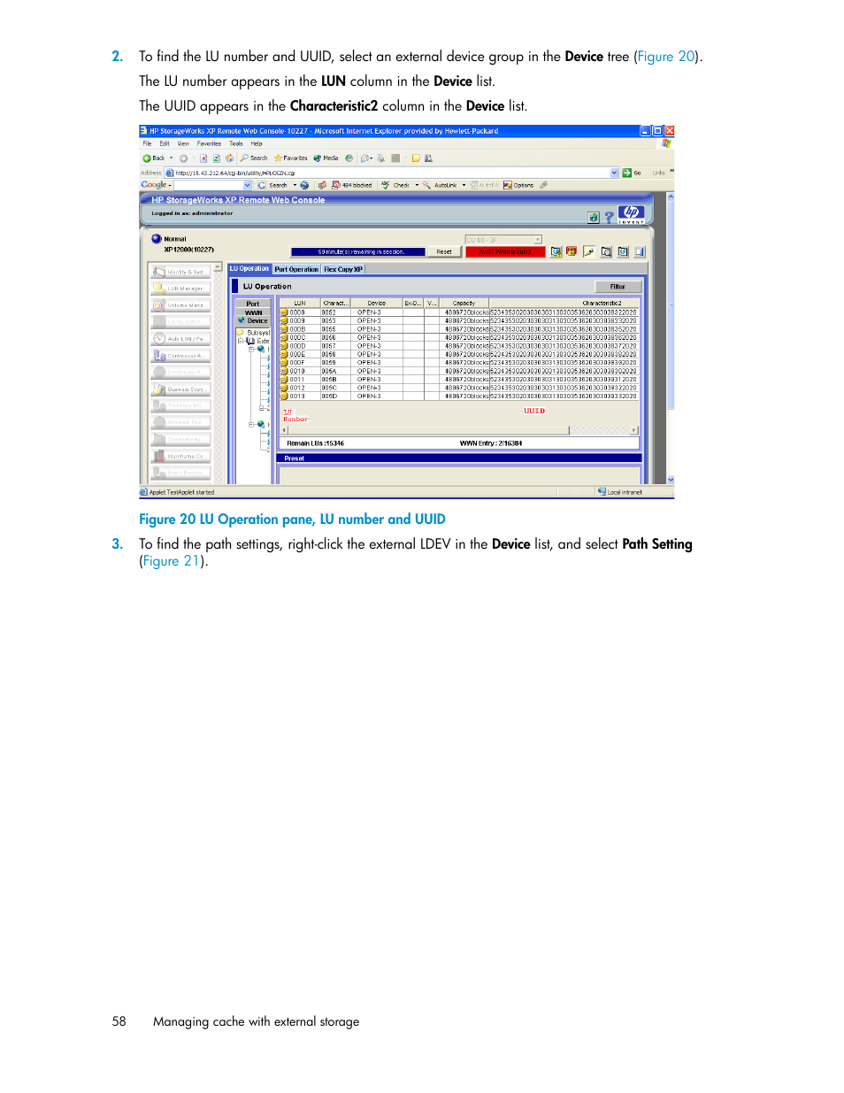 Lu operation pane, lu number and uuid | HP XP External Storage Software User Manual | Page 58 / 200