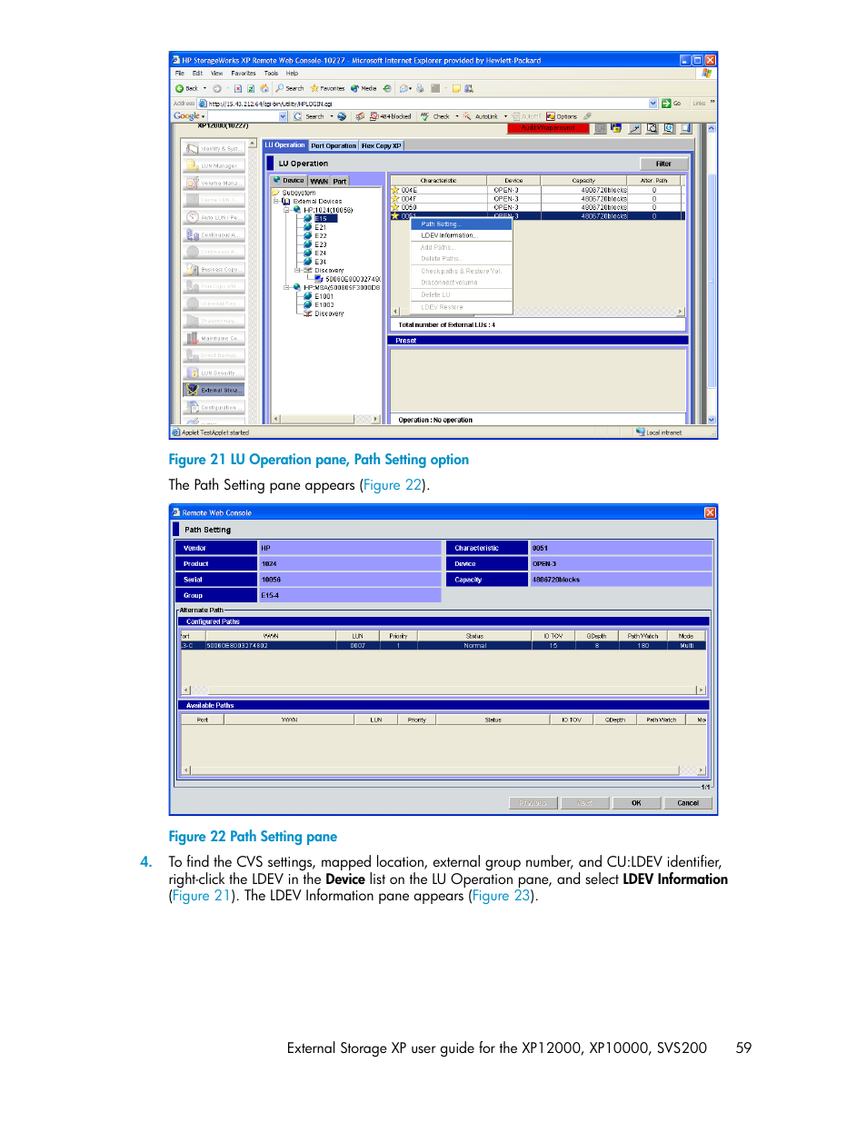 Lu operation pane, path setting option, Path setting pane | HP XP External Storage Software User Manual | Page 59 / 200