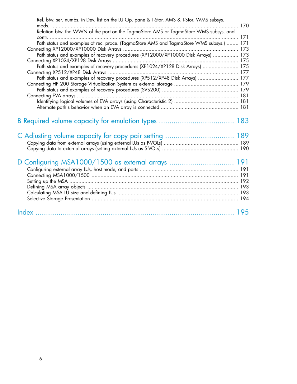 Index | HP XP External Storage Software User Manual | Page 6 / 200