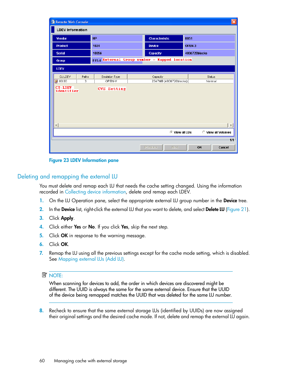 Deleting and remapping the external lu, Ldev information pane, Figure 23 | HP XP External Storage Software User Manual | Page 60 / 200