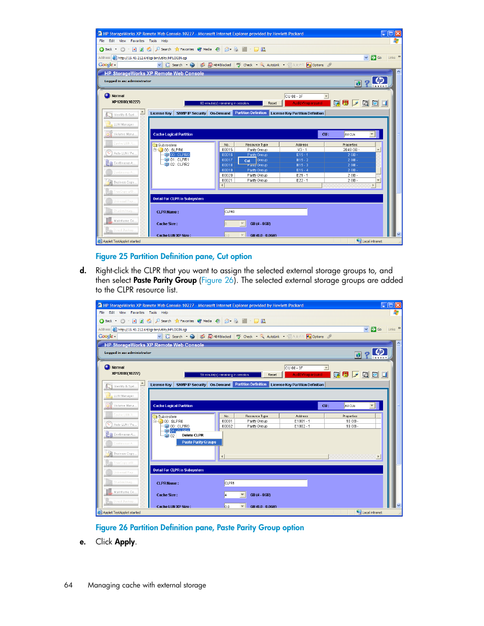 Partition definition pane, cut option | HP XP External Storage Software User Manual | Page 64 / 200