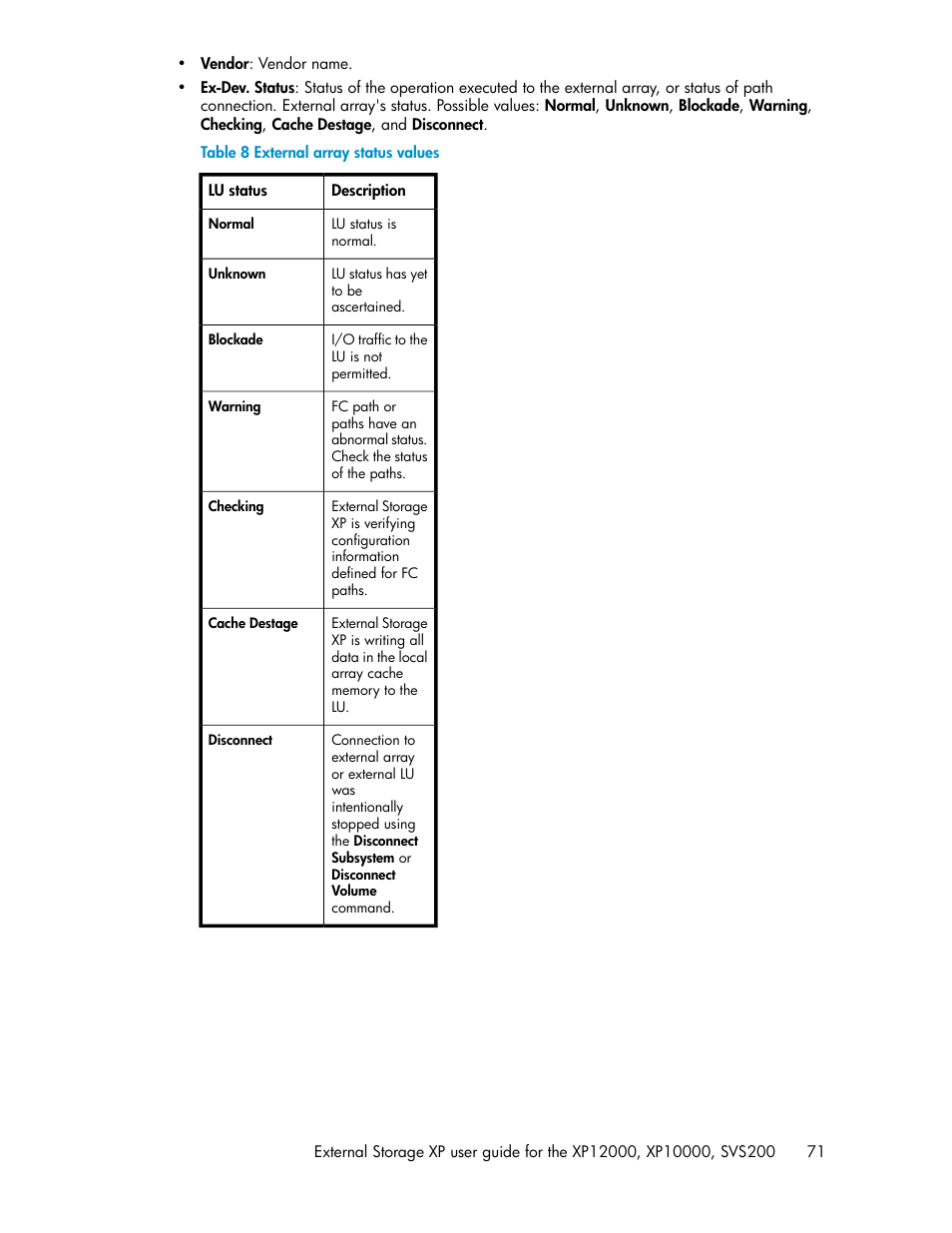 External array status values | HP XP External Storage Software User Manual | Page 71 / 200