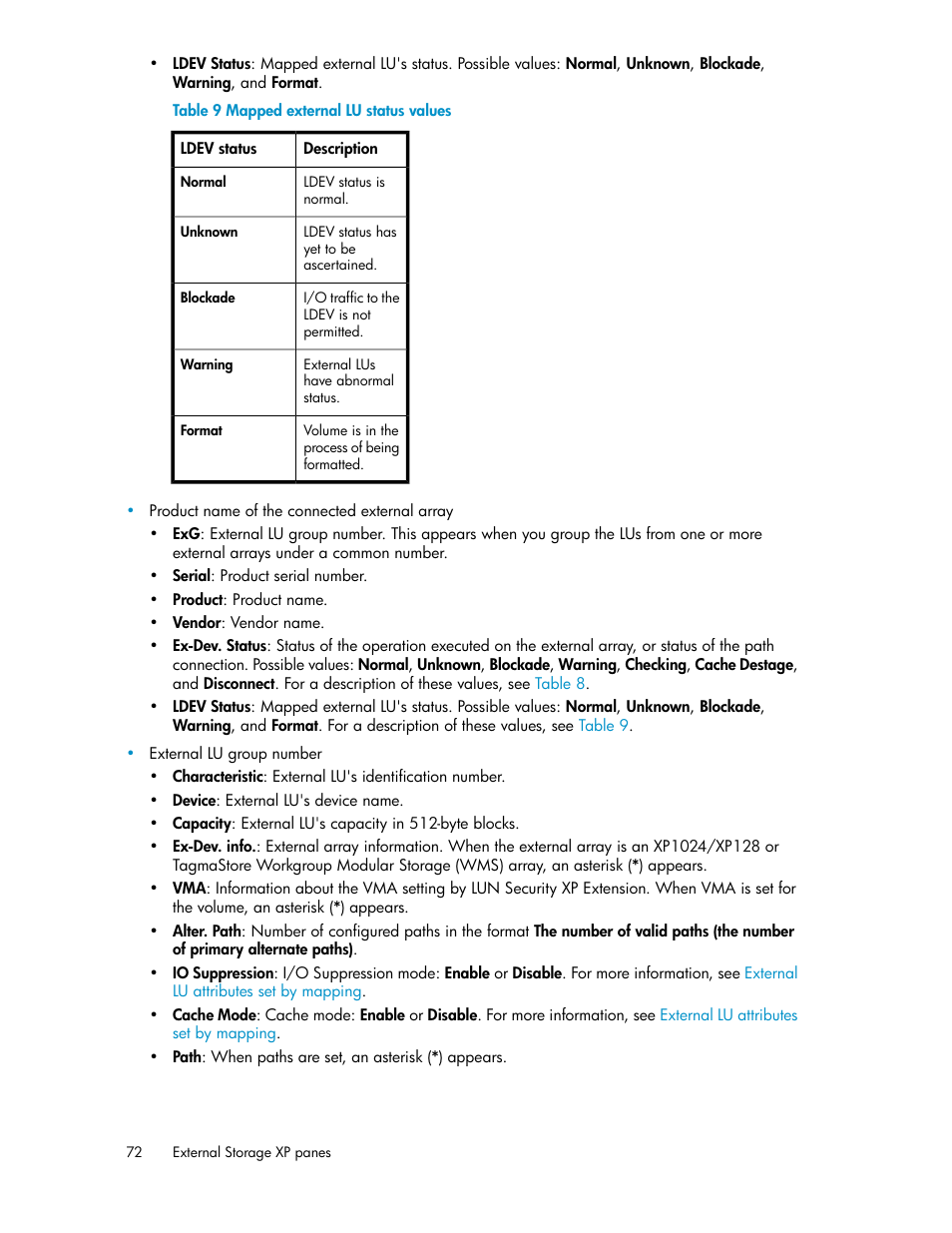 Mapped external lu status values | HP XP External Storage Software User Manual | Page 72 / 200