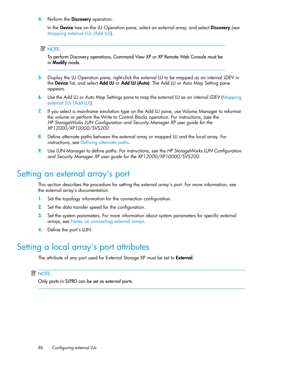 Setting an external array's port, Setting a local array's port attributes, 86 setting a local array's port attributes | Setting a local array's port, Attributes | HP XP External Storage Software User Manual | Page 86 / 200