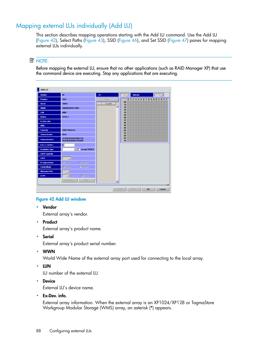 Mapping external lus individually (add lu), Add lu window | HP XP External Storage Software User Manual | Page 88 / 200