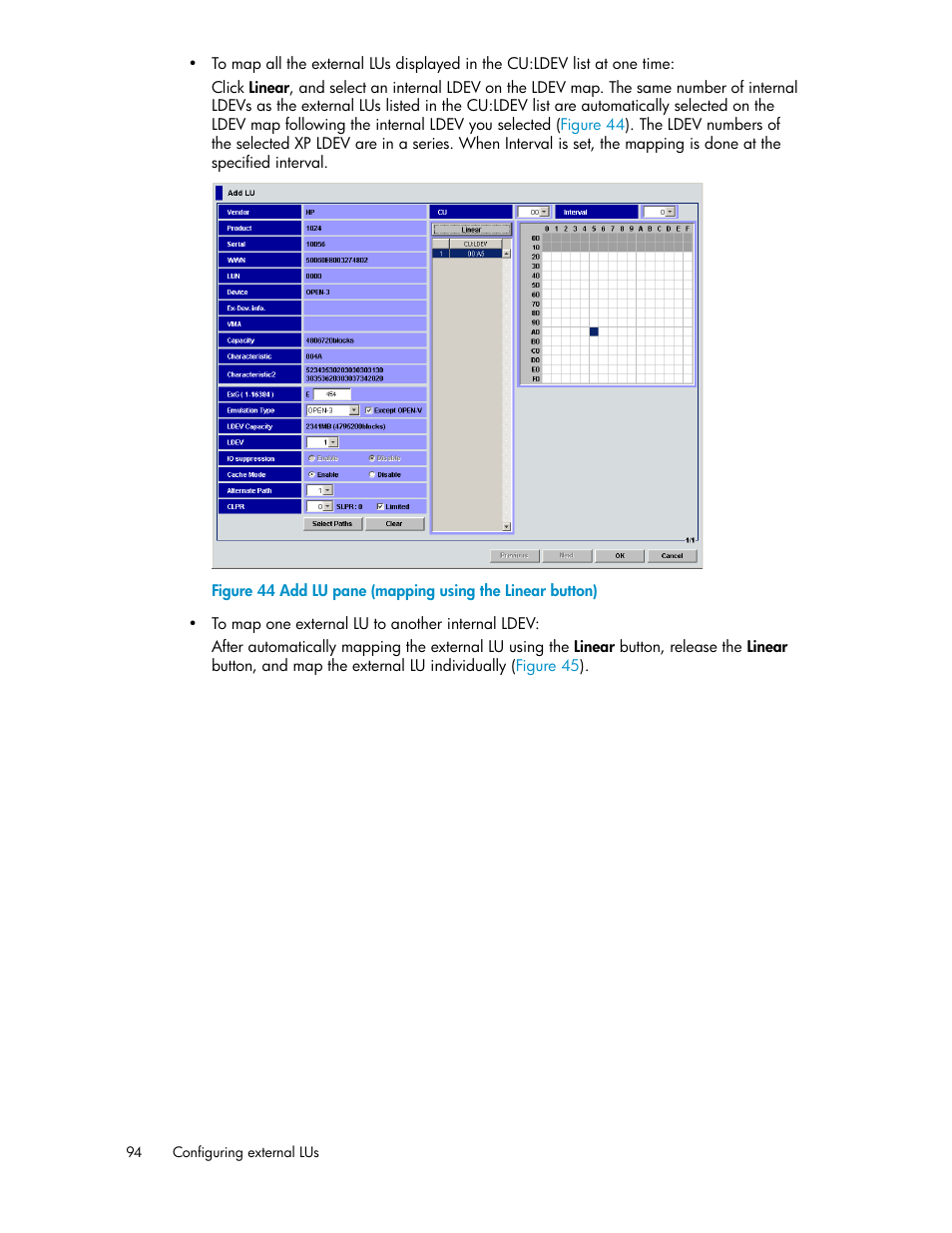 Add lu pane (mapping using the linear button) | HP XP External Storage Software User Manual | Page 94 / 200