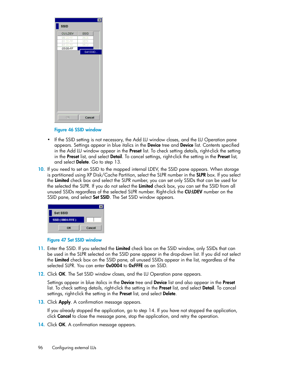 Ssid window, Set ssid window, Figure 46 | Figure 47, Pane | HP XP External Storage Software User Manual | Page 96 / 200