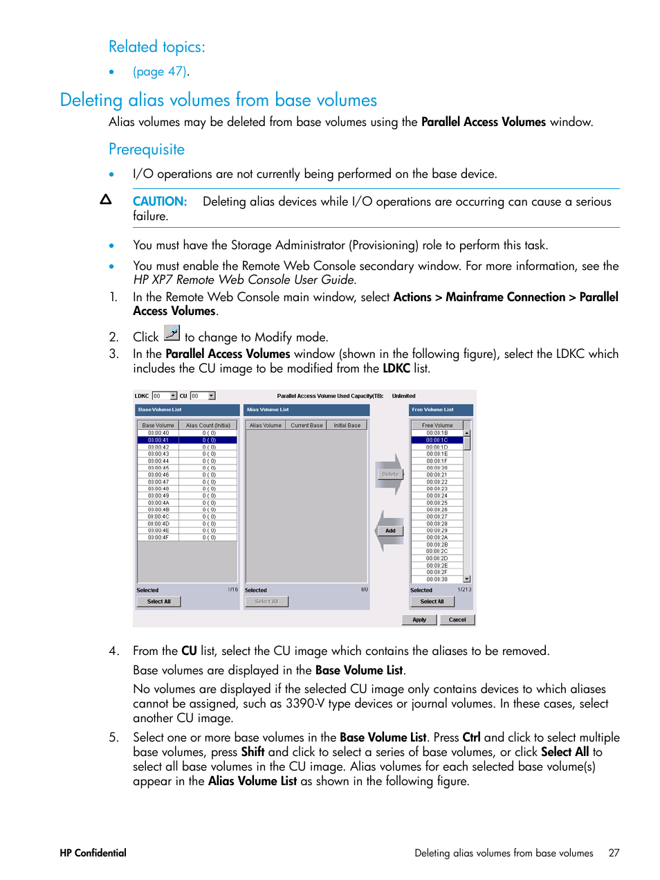 Deleting alias volumes from base volumes, Related topics, Prerequisite | HP XP7 Storage User Manual | Page 27 / 53