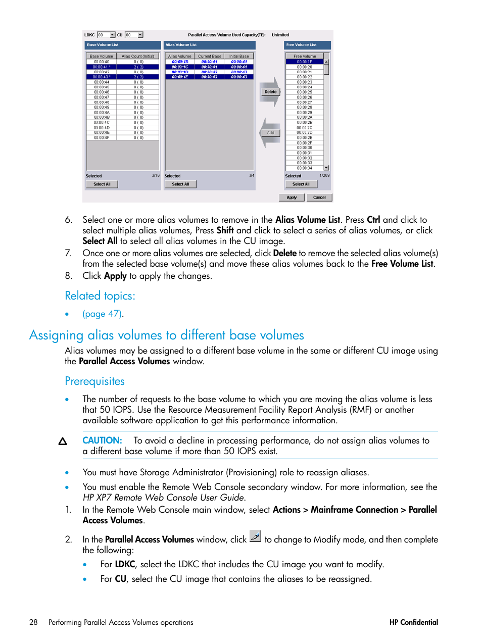 Assigning alias volumes to different base volumes, Related topics, Prerequisites | HP XP7 Storage User Manual | Page 28 / 53