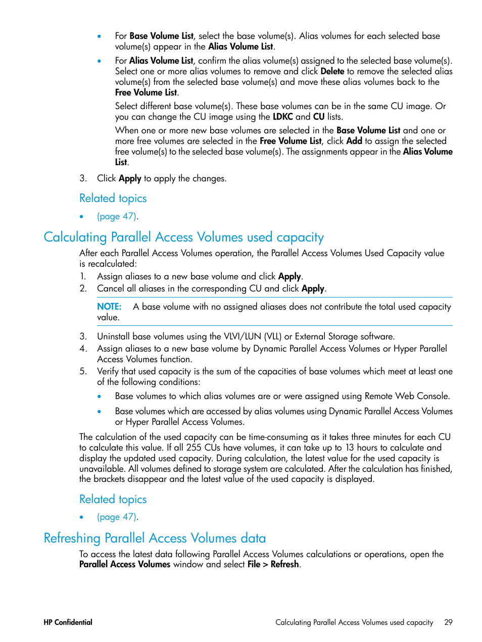 Calculating parallel access volumes used capacity, Refreshing parallel access volumes data, Related topics | HP XP7 Storage User Manual | Page 29 / 53
